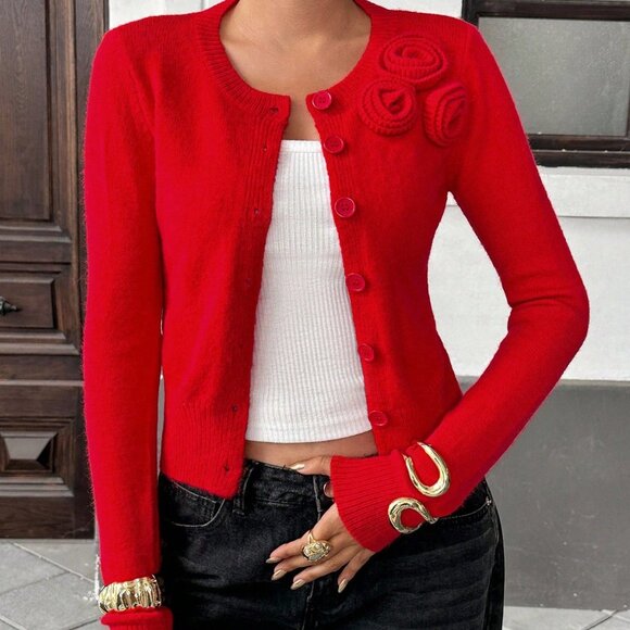 Red Casual Women's Elegant Floral Decor Button-Up Cardigan - Picture 5 of 6